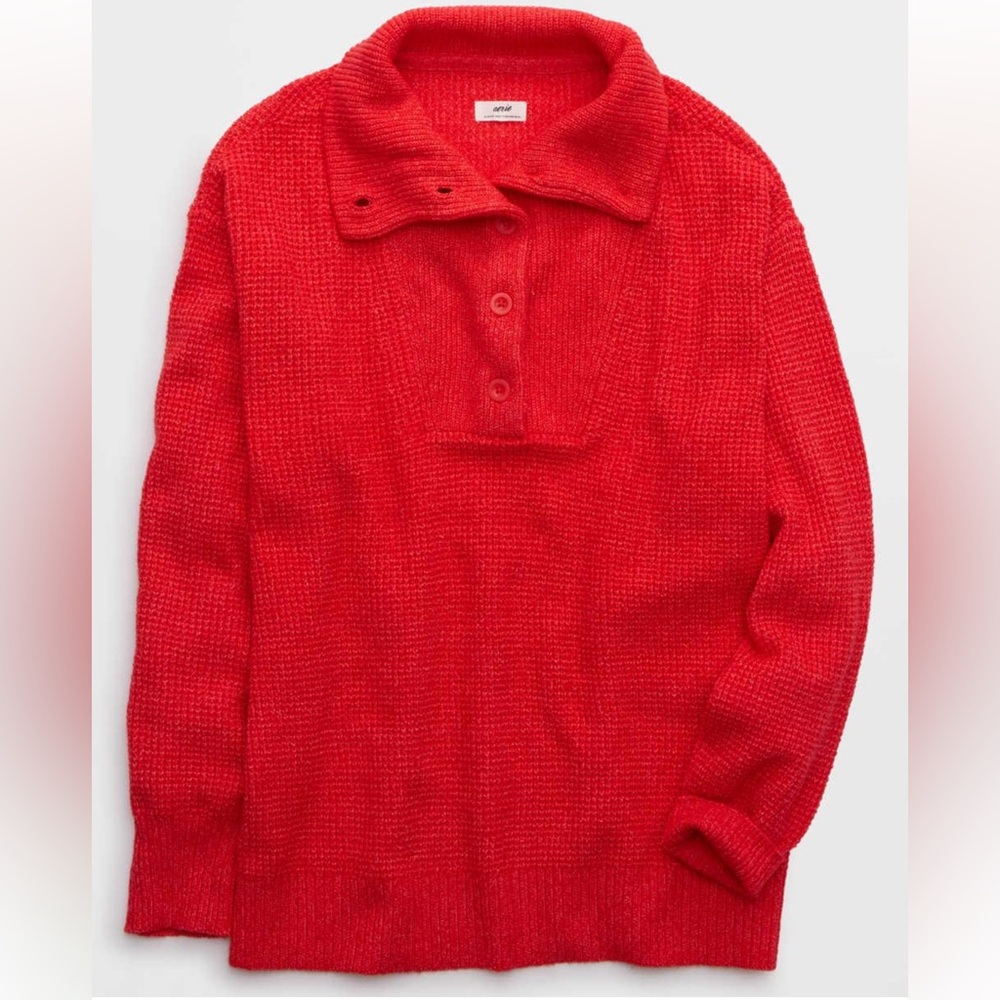 NWT aerie ($79.95Cad) OVERSIZED CozyUp Waffle Button Sweater in Bright Red - Picture 4 of 7